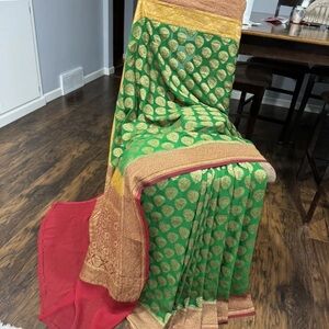 Green and Gold Saree with Red Border